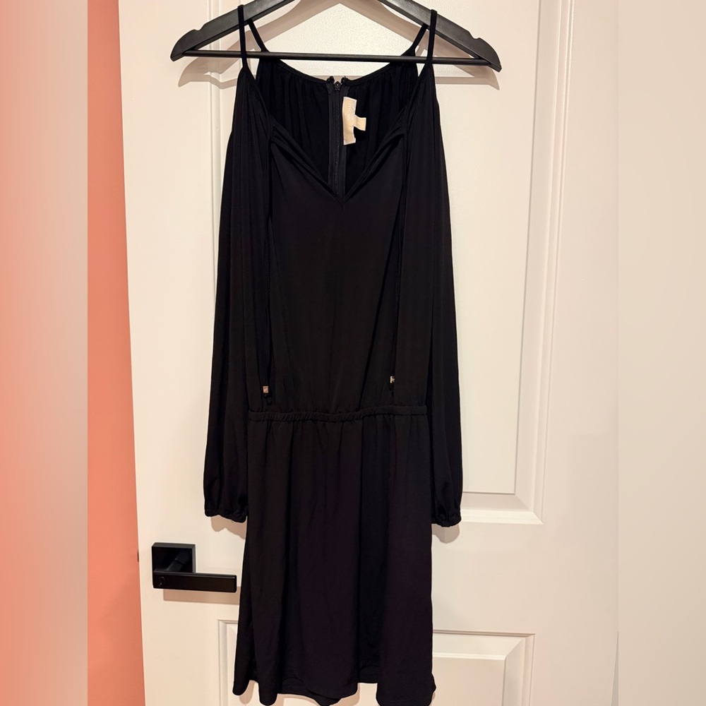 Michael Kors Black Long-Sleeve Cold Shoulder V-Neck Dress